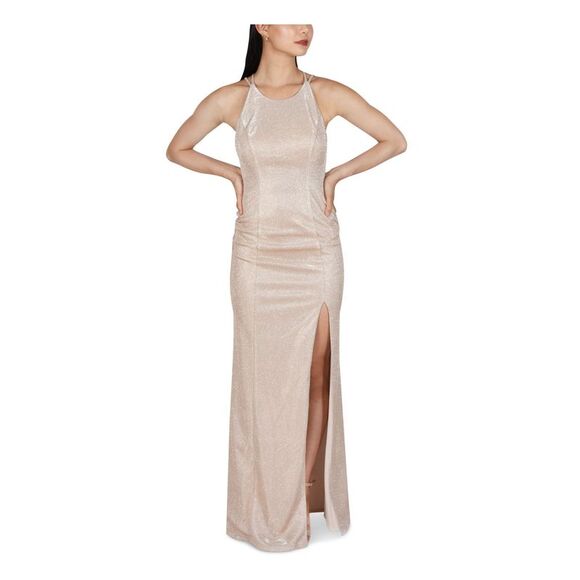 DEAR MOON Womens Gold Open Back Crisscross Sleeveless Gown Dress 13 - Picture 1 of 4